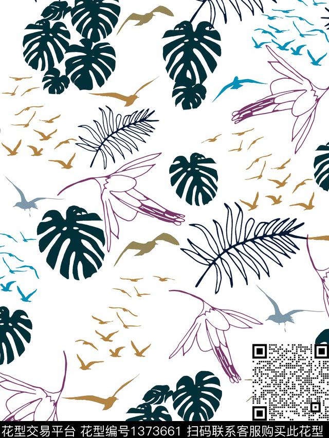 海鸥风格化花卉欧美花数码印花花型下载（图片编号: 1373661） - 瓦栏（Walan）