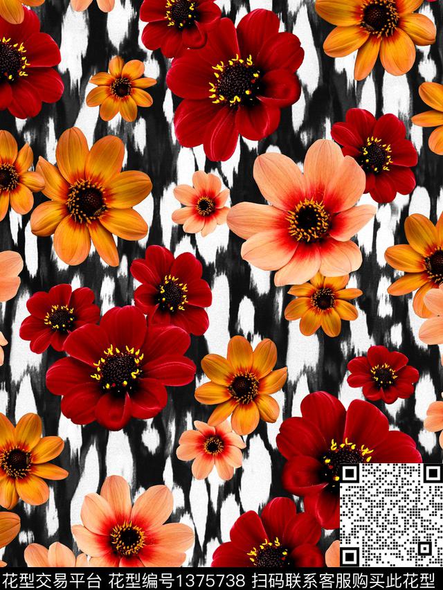 花卉大牌风混合花型数码印花花型下载（图片编号: 1375738） - 瓦栏（Walan）