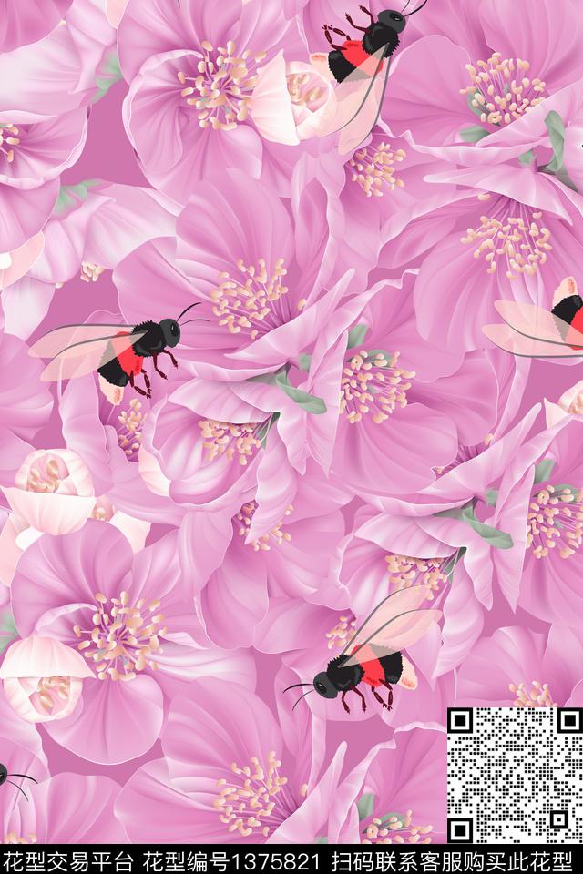 花卉044-2.jpg - 1375821 - 蜜蜂 花卉 满版散花 - 数码印花花型 － 女装花型设计 － 瓦栏