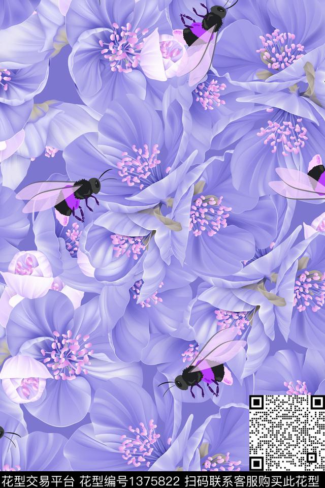 花卉044-3.jpg - 1375822 - 蜜蜂 花卉 满版散花 - 数码印花花型 － 女装花型设计 － 瓦栏