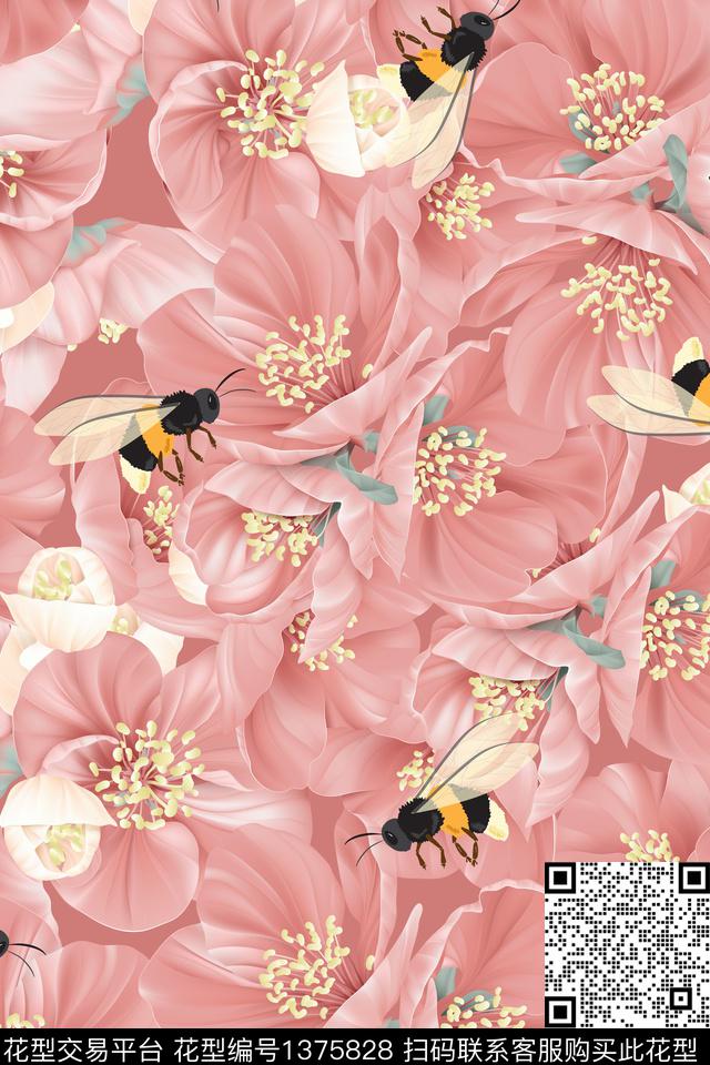 花卉044.jpg - 1375828 - 蜜蜂 花卉 满版散花 - 数码印花花型 － 女装花型设计 － 瓦栏