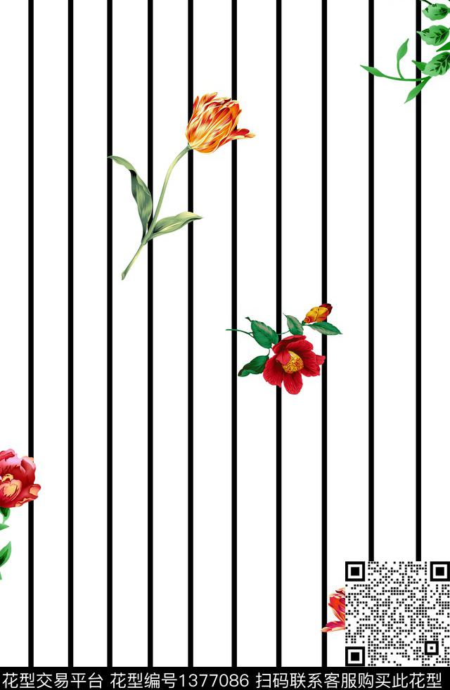 数码印花 (354).jpg - 1377086 - 连衣裙 黑白条纹 花卉 - 数码印花花型 － 女装花型设计 － 瓦栏