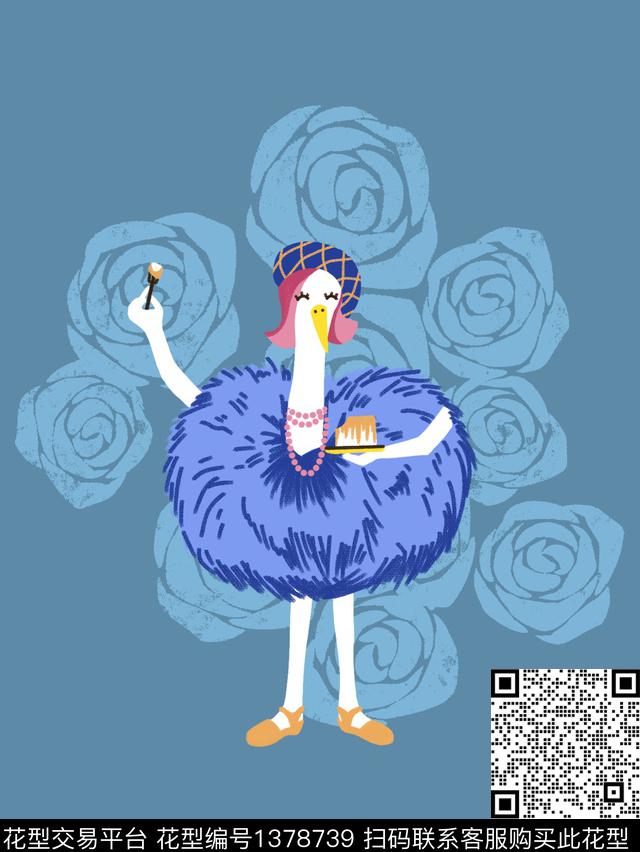 贵妇鹅-独幅1.jpg - 1378739 - 插画 动物 花卉 - 传统印花花型 － 女装花型设计 － 瓦栏