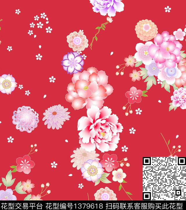 和风樱花.jpg - 1379618 - 和服 花卉 樱花 - 数码印花花型 － 女装花型设计 － 瓦栏