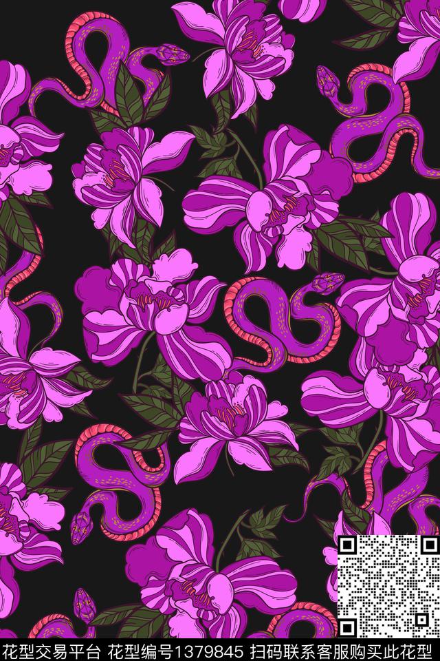 花卉080-2.jpg - 1379845 - 蛇 绿植树叶 花卉 - 数码印花花型 － 女装花型设计 － 瓦栏