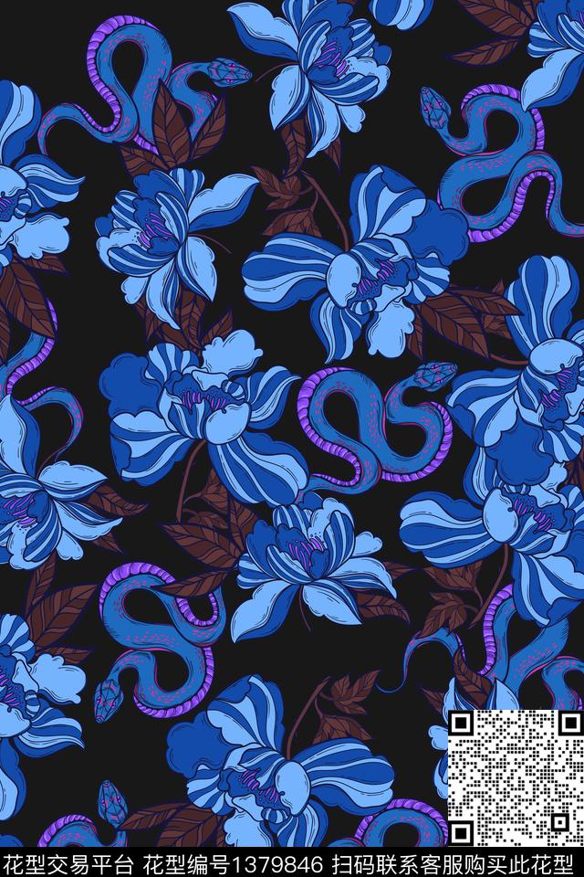 花卉080-3.jpg - 1379846 - 蛇 绿植树叶 花卉 - 数码印花花型 － 女装花型设计 － 瓦栏