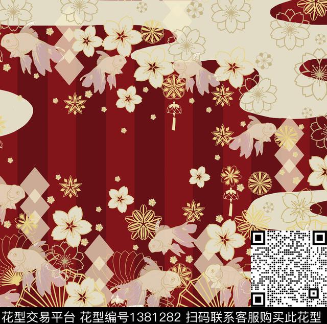 现代和服定位花纹设计.jpg - 1381282 - 定位花 和服 花卉 - 数码印花花型 － 女装花型设计 － 瓦栏