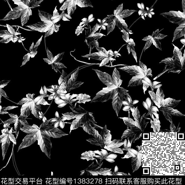 黑白花型花卉大牌风数码印花花型下载（图片编号: 1383278） - 瓦栏（Walan）