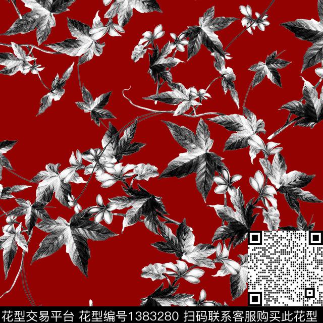 黑白花型花卉大牌风数码印花花型下载（图片编号: 1383280） - 瓦栏（Walan）