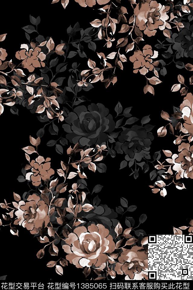 P580.jpg - 1385065 - 黑底花卉 花卉 香云纱 - 数码印花花型 － 女装花型设计 － 瓦栏