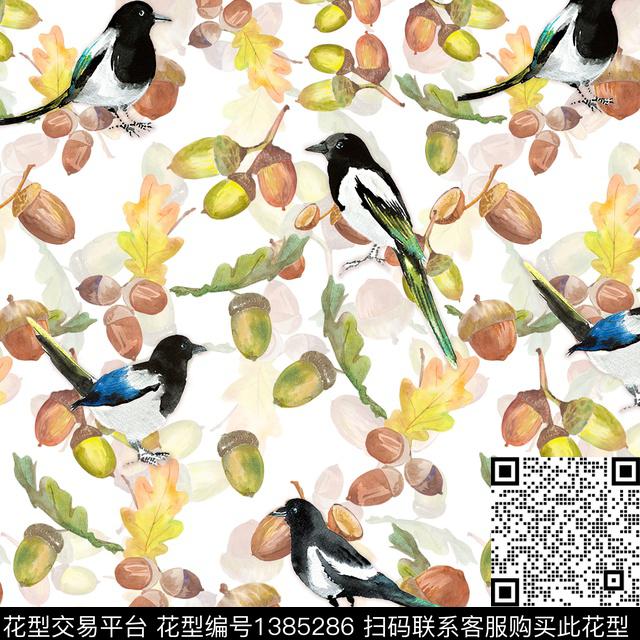 松果鸟（方巾）.jpg - 1385286 - 花鸟 动物 花卉 - 数码印花花型 － 方巾花型设计 － 瓦栏