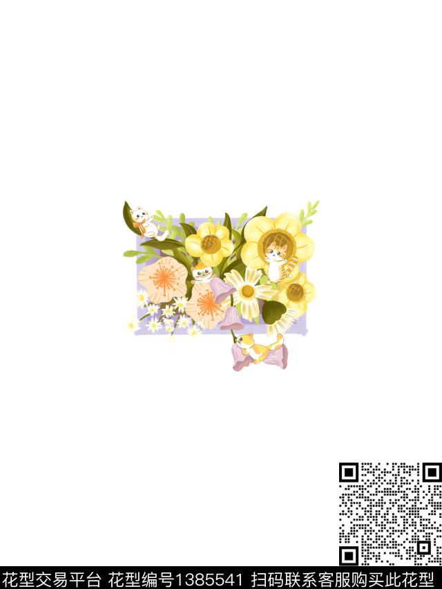 插画猫+花卉.jpg - 1385541 - 向日葵 插画 动物 - 传统印花花型 － 童装花型设计 － 瓦栏