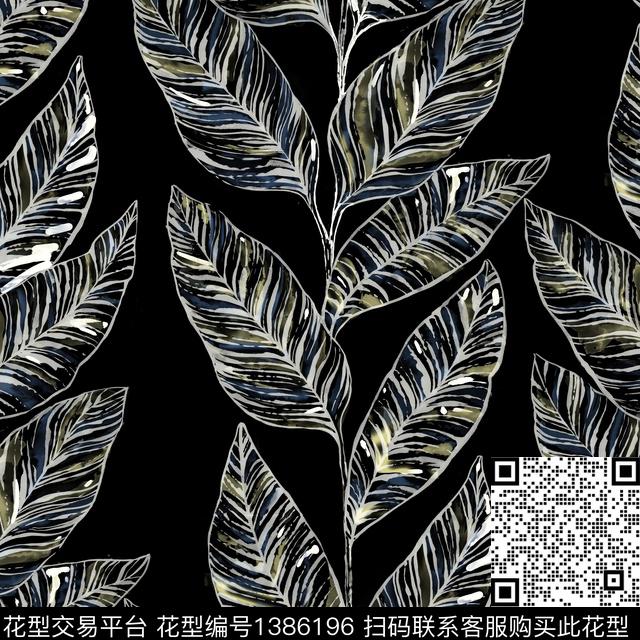 大牌风条纹绿植树叶数码印花花型下载（图片编号: 1386196） - 瓦栏（Walan）