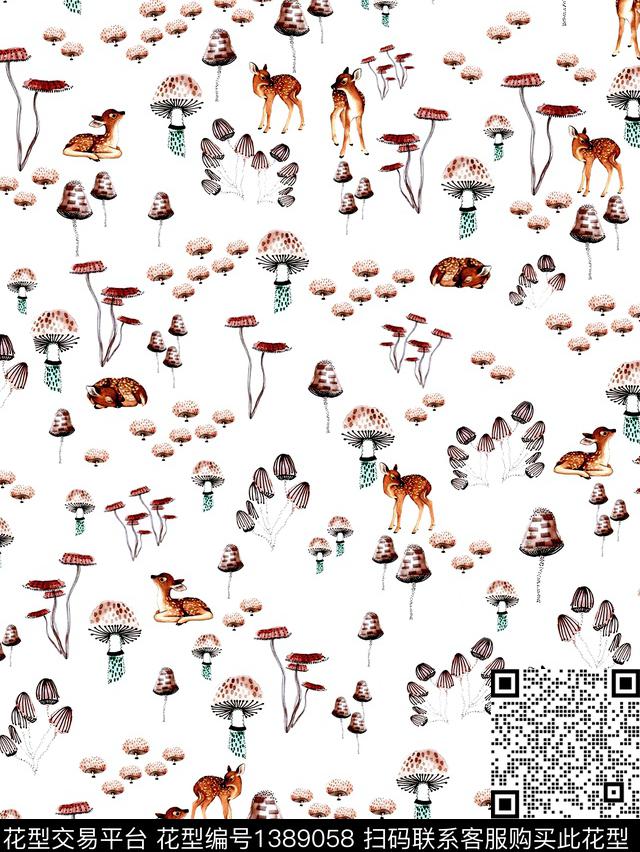 鹿大牌风时尚蘑菇数码印花花型下载（图片编号: 1389058） - 瓦栏（Walan）