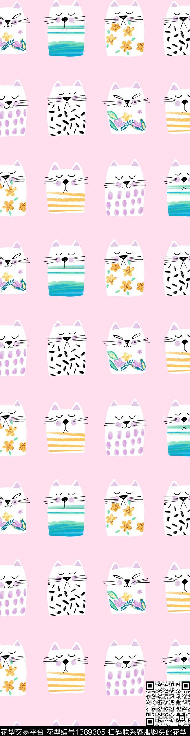 粉小喵.jpg - 1389305 - 卡通人物 可爱 猫 - 传统印花花型 － 床品花型设计 － 瓦栏
