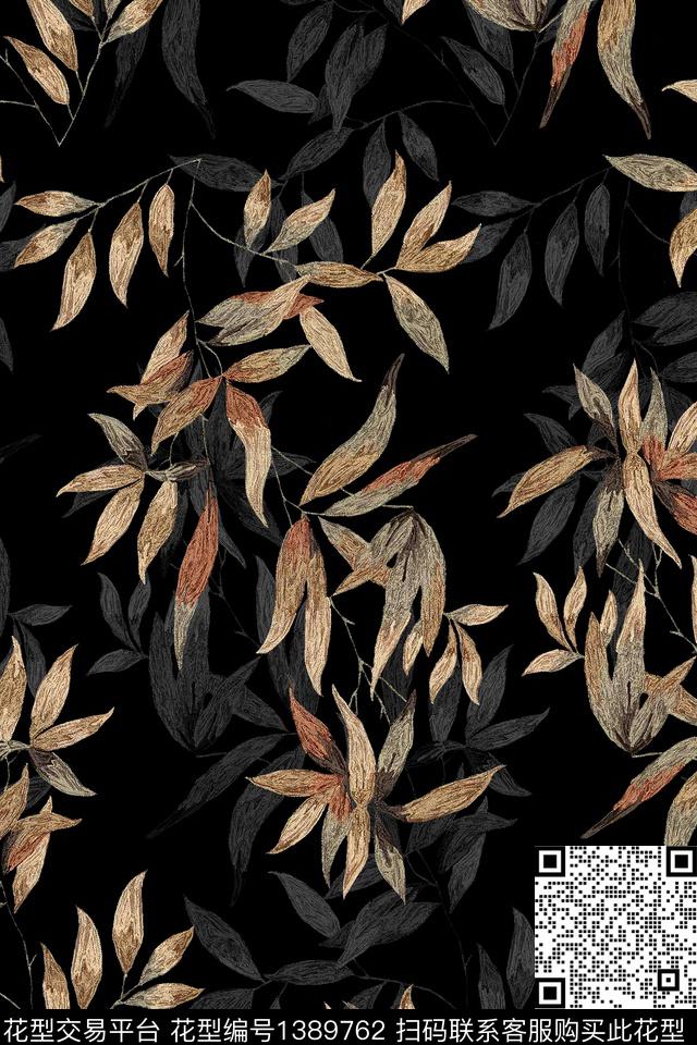 P606.jpg - 1389762 - 黑底花卉 绿植树叶 香云纱 - 数码印花花型 － 女装花型设计 － 瓦栏