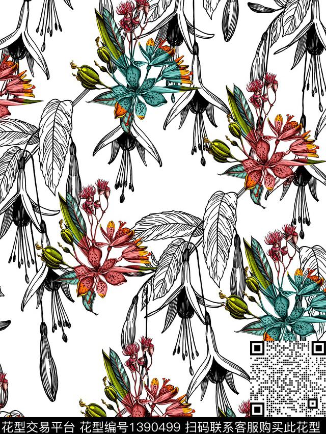 花卉大牌风欧美数码印花花型下载（图片编号: 1390499） - 瓦栏（Walan）