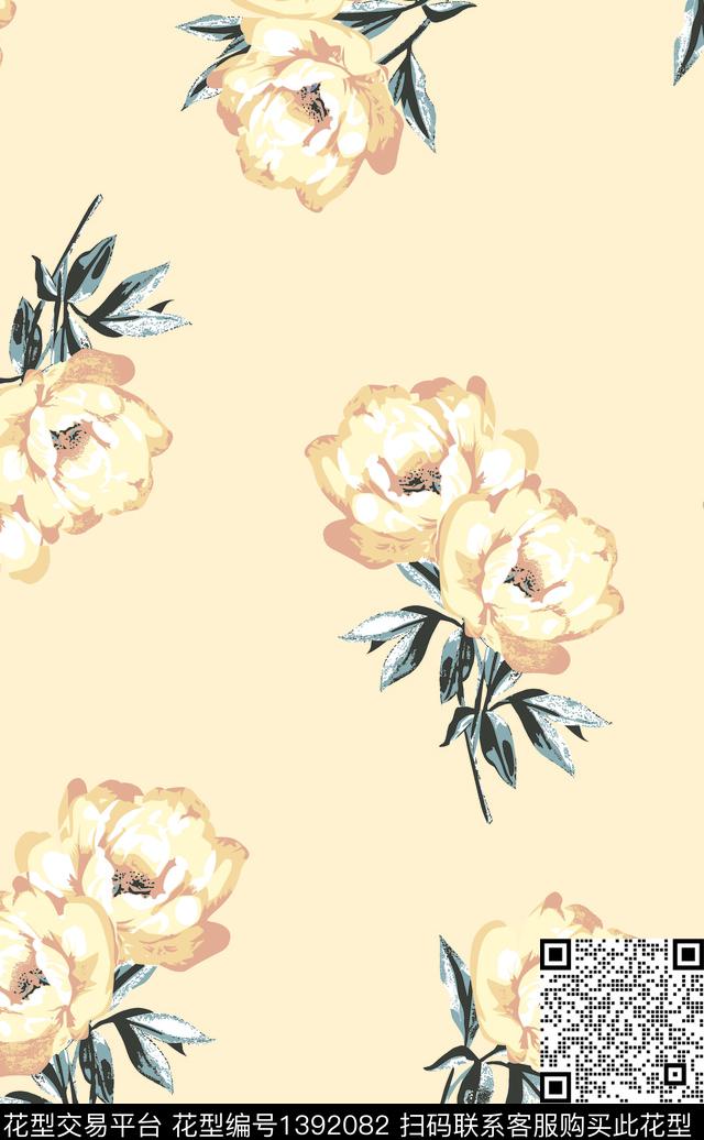 L-HF9021黄.jpg - 1392082 - 数码花型 小清新 手绘花卉 - 数码印花花型 － 女装花型设计 － 瓦栏