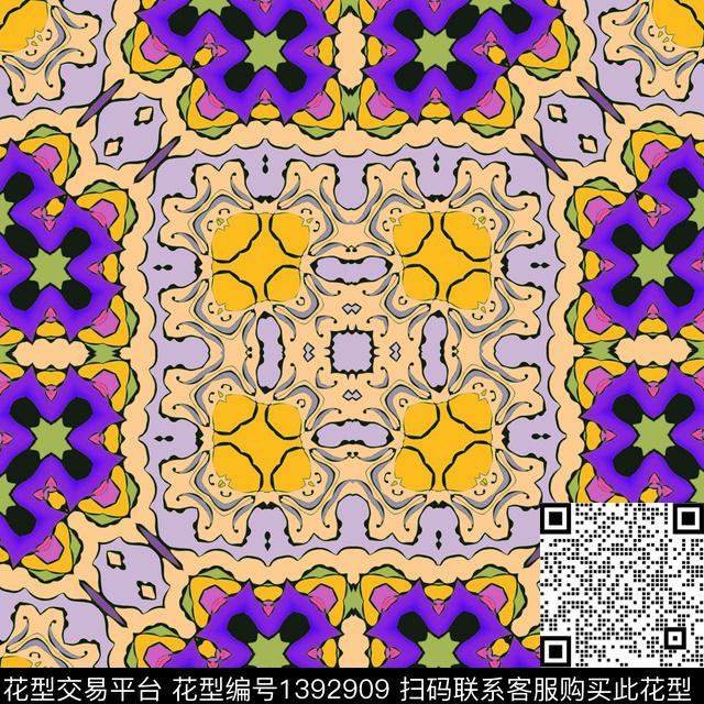 对称  民族风   方巾.jpg - 1392909 - 几何 大牌风 抽象 - 数码印花花型 － 方巾花型设计 － 瓦栏