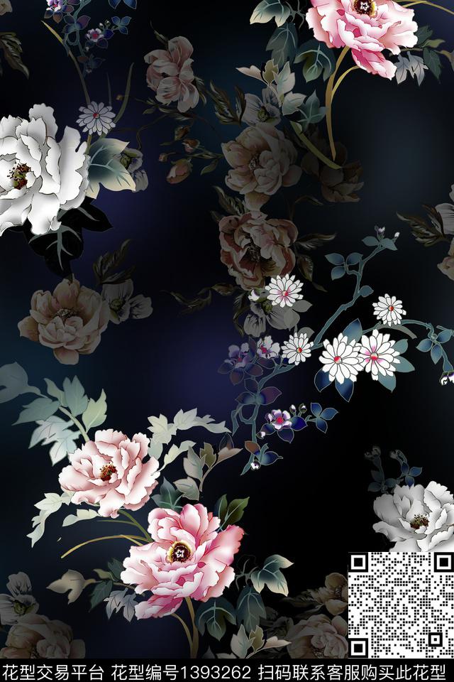 z080.jpg - 1393262 - 黑底花卉 花卉 香云纱 - 数码印花花型 － 女装花型设计 － 瓦栏