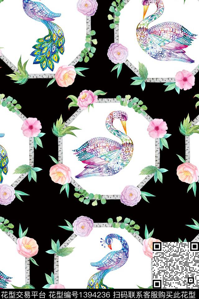 复古彩绘天鹅孔雀鸟语花香.jpg - 1394236 - 动物花卉 喜鹊 水彩 - 数码印花花型 － 女装花型设计 － 瓦栏