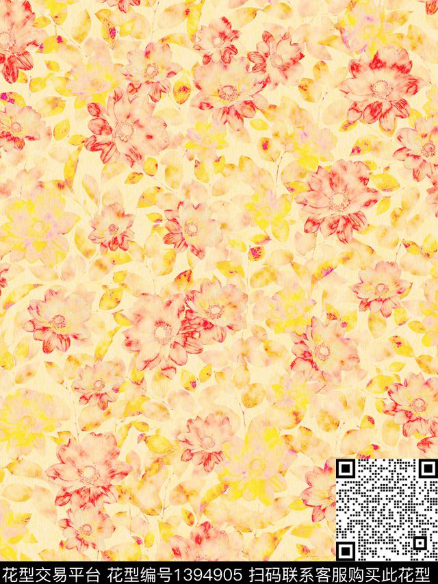水彩花卉欧美数码印花花型下载（图片编号: 1394905） - 瓦栏（Walan）