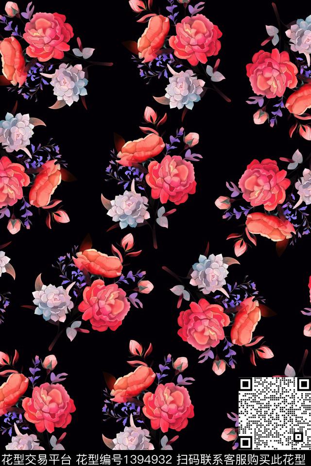 yc20210113.jpg - 1394932 - 插画 黑底花卉 玫瑰花 - 数码印花花型 － 女装花型设计 － 瓦栏