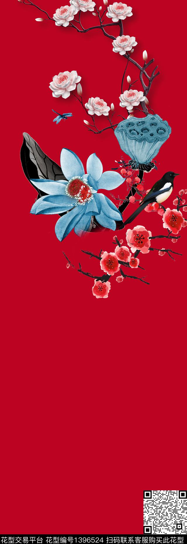 Xh1124.jpg - 1396524 - 花卉 真丝 中国风定位花 - 数码印花花型 － 女装花型设计 － 瓦栏