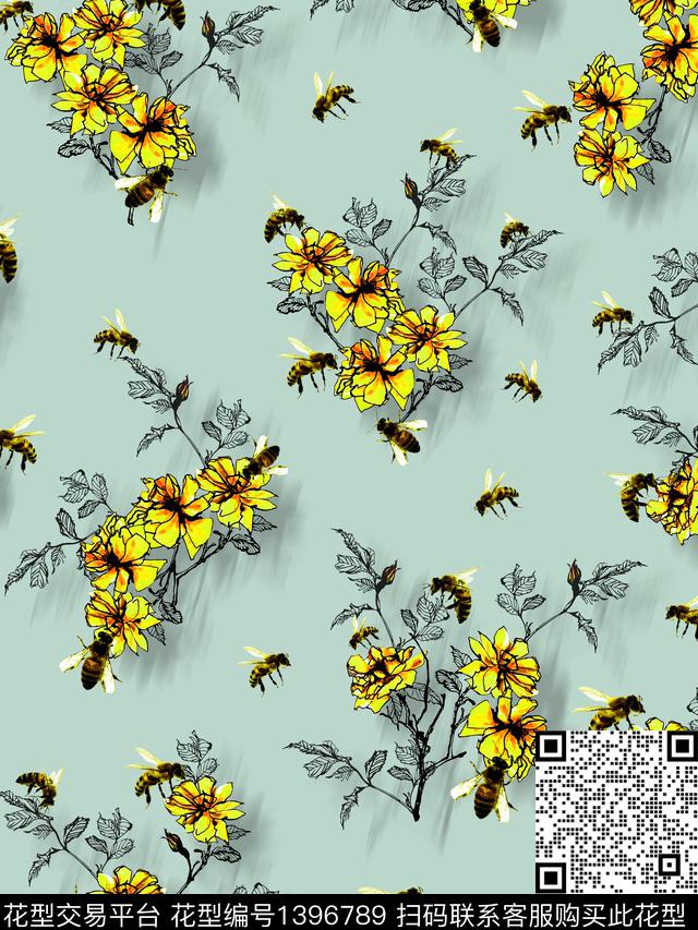 蜜蜂欧美花卉蜜蜂数码印花花型下载（图片编号: 1396789） - 瓦栏（Walan）