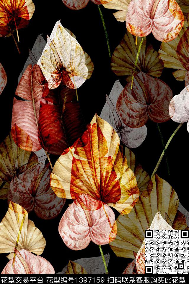 P649.jpg - 1397159 - 绿植树叶 香云纱 热带花型 - 数码印花花型 － 女装花型设计 － 瓦栏