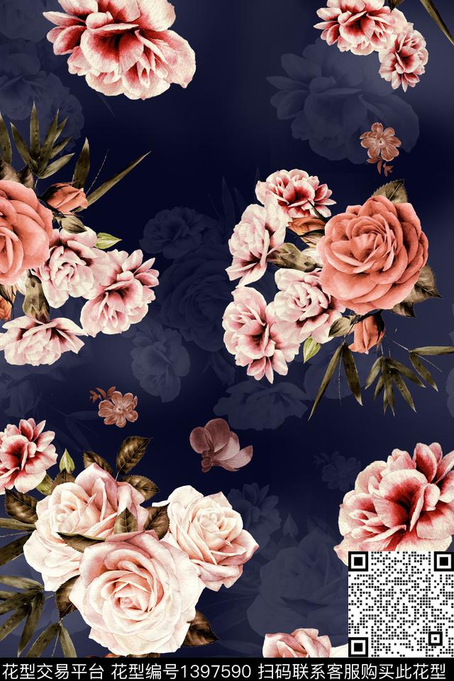 xz1467.jpg - 1397590 - 时尚 花卉 香云纱 - 数码印花花型 － 女装花型设计 － 瓦栏