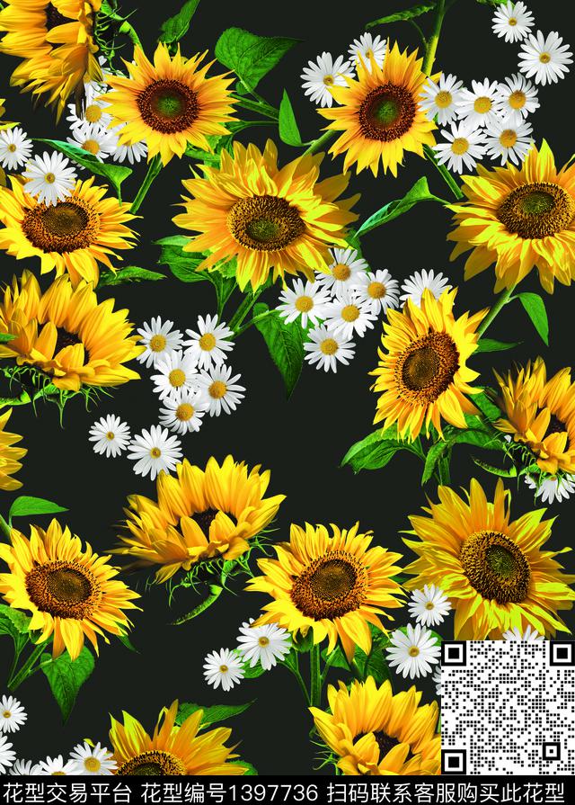 新向日葵.jpg - 1397736 - 趋势花型 向日葵 时尚 - 数码印花花型 － 女装花型设计 － 瓦栏