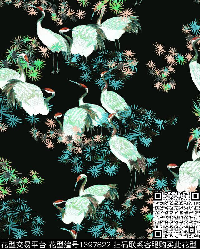 仙鹤.jpg - 1397822 - 抽象花卉 仙鹤 中国 - 数码印花花型 － 女装花型设计 － 瓦栏
