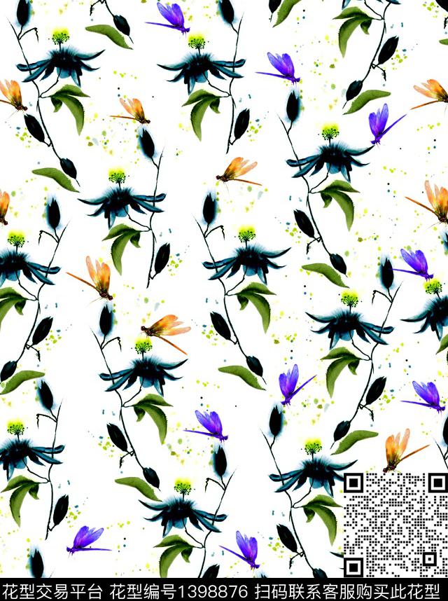 花卉蜻蜓欧美数码印花花型下载（图片编号: 1398876） - 瓦栏（Walan）