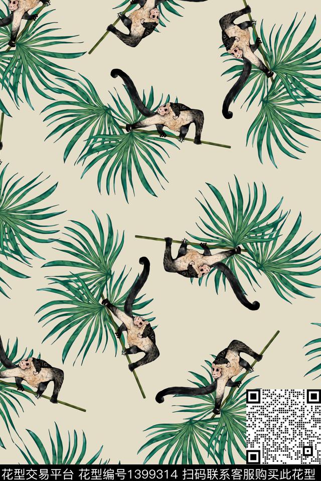 绿植树叶猴子大牌风数码印花花型下载（图片编号: 1399314） - 瓦栏（Walan）