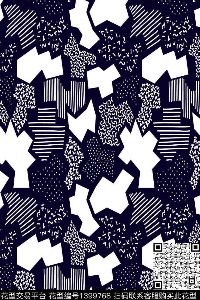 兴高采烈.jpg - 1399768 - 几何 线条 黑白花型 - 传统印花花型 － 男装花型设计 － 瓦栏