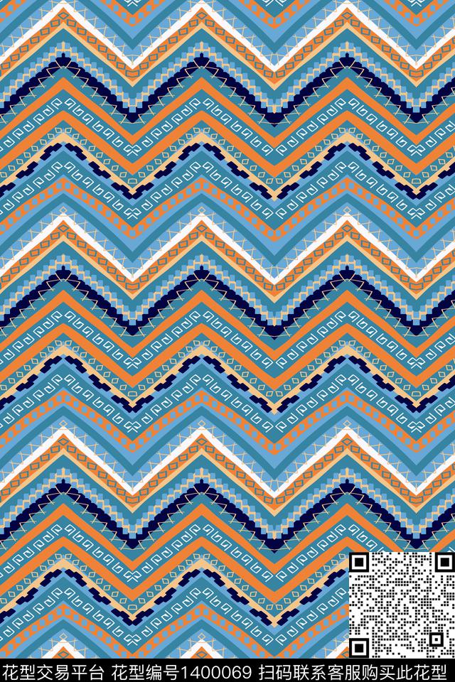 国泰民安.jpg - 1400069 - 民族风 波浪纹 蓝色 - 传统印花花型 － 女装花型设计 － 瓦栏