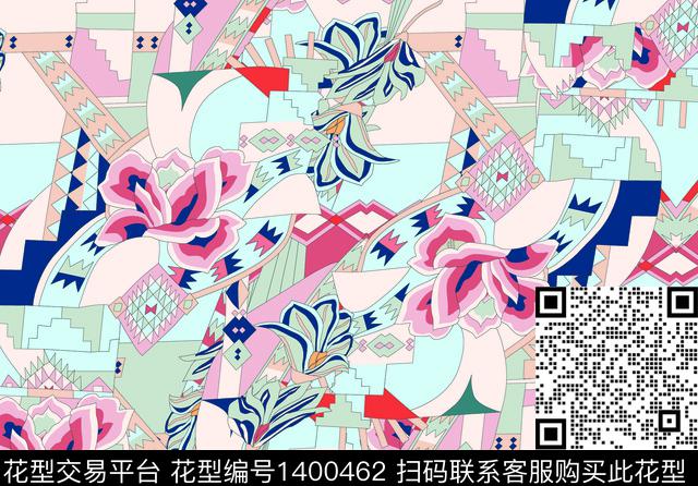丝巾定位花几何花卉混合拼接数码印花花型下载（图片编号: 1400462） - 瓦栏（Walan）