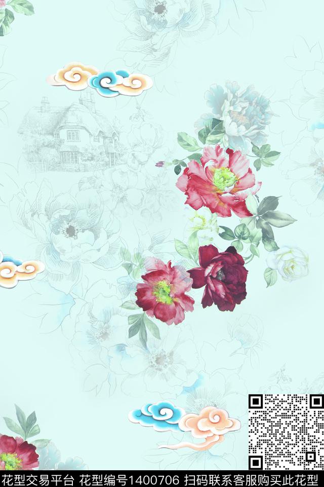 qx2128.jpg - 1400706 - 数码花型 花卉 旗袍 - 数码印花花型 － 女装花型设计 － 瓦栏