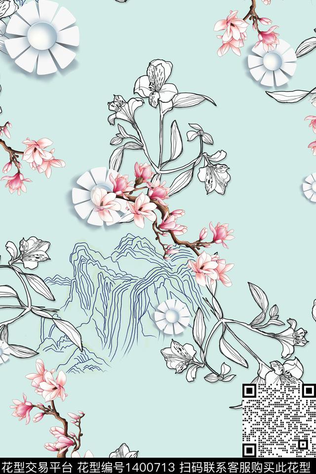 qx2135.jpg - 1400713 - 数码花型 花卉 旗袍 - 数码印花花型 － 女装花型设计 － 瓦栏