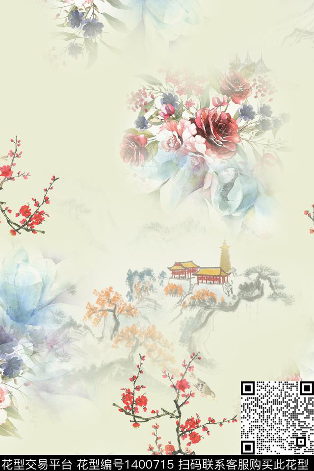 qx2137.jpg - 1400715 - 数码花型 花卉 旗袍 - 数码印花花型 － 女装花型设计 － 瓦栏