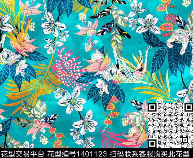 01003.jpg - 1401123 - 数码花型 绿植树叶 动物 - 数码印花花型 － 泳装花型设计 － 瓦栏