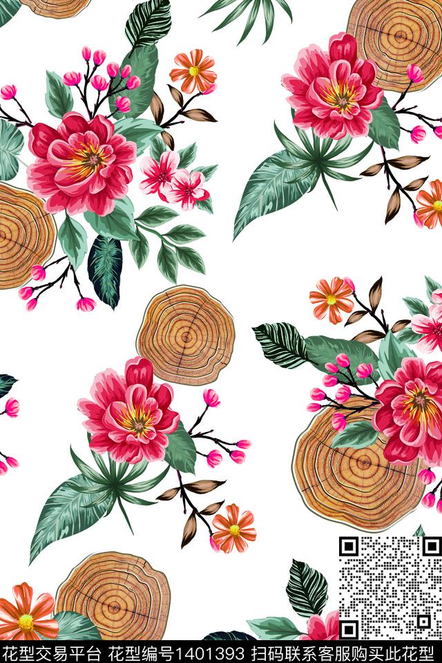 木头与花卉.jpg - 1401393 - 部落风 大牌风 牡丹 - 数码印花花型 － 女装花型设计 － 瓦栏