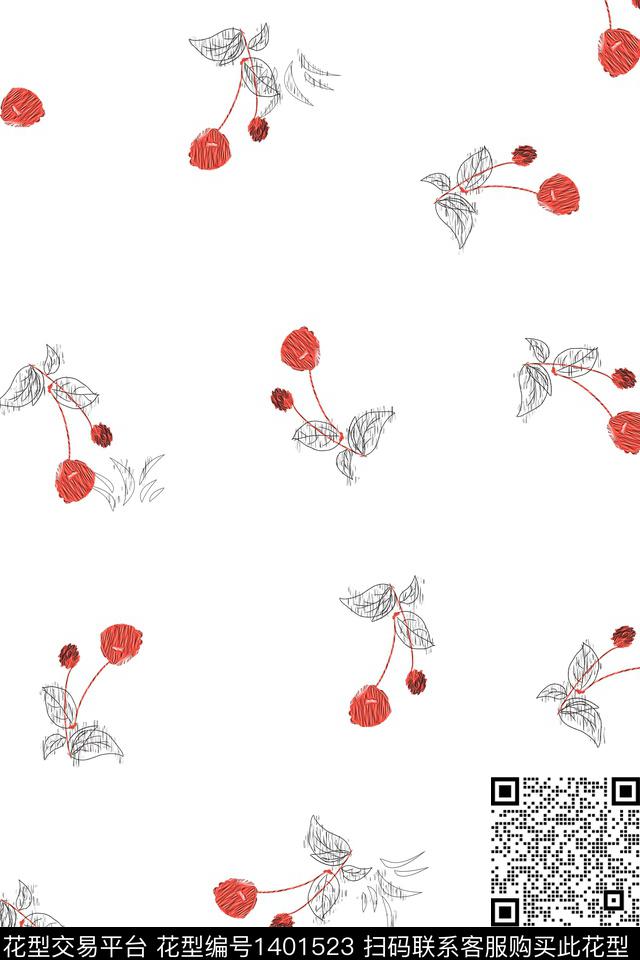 时尚简约 樱桃.jpg - 1401523 - 花卉 素雅 小碎花 - 数码印花花型 － 女装花型设计 － 瓦栏