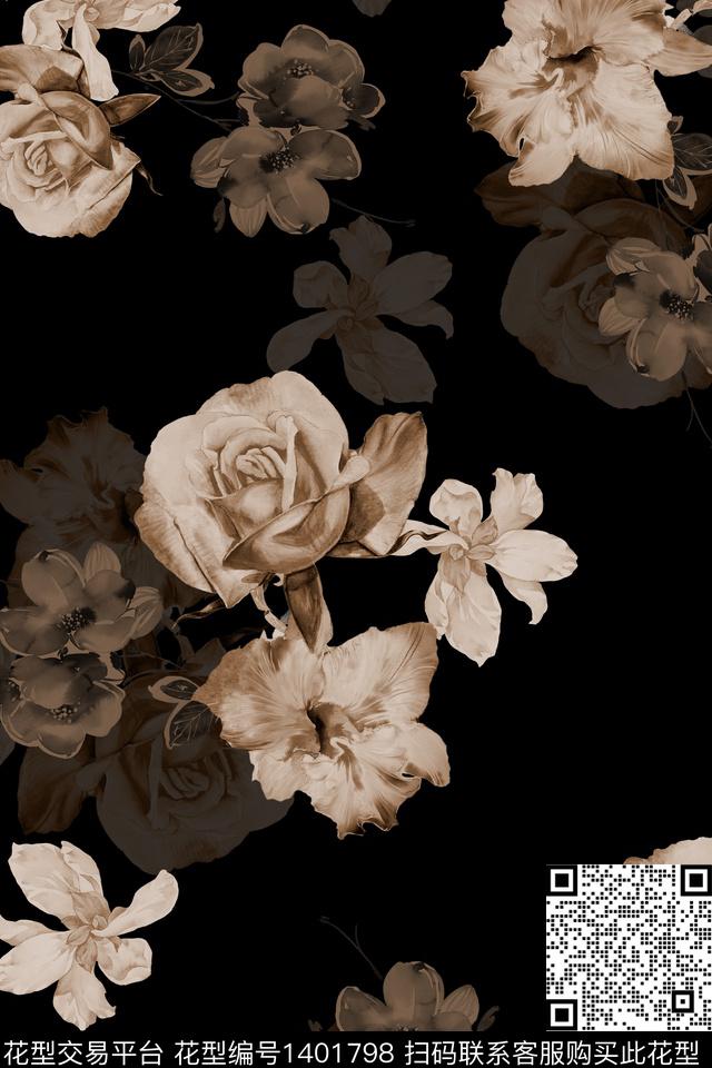 P671.jpg - 1401798 - 黑底花卉 花卉 香云纱 - 数码印花花型 － 女装花型设计 － 瓦栏