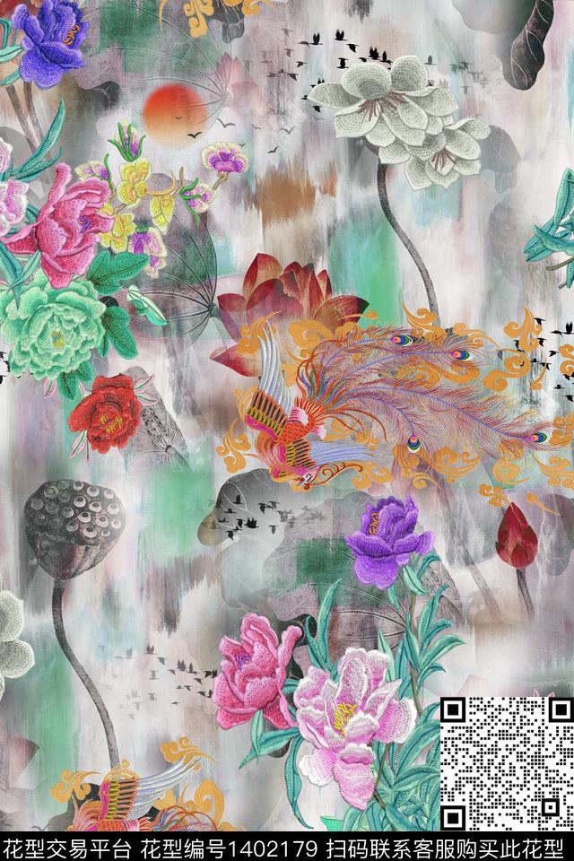 Xh1671.jpg - 1402179 - 花卉 香云纱 中国 - 数码印花花型 － 女装花型设计 － 瓦栏
