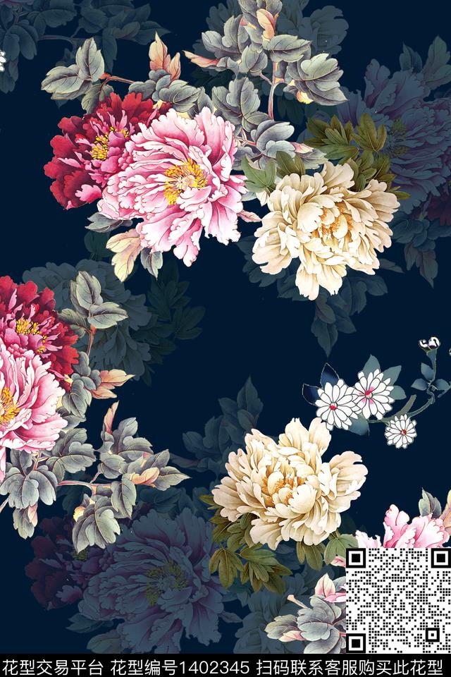 xz1560.jpg - 1402345 - 花卉 香云纱 中国 - 数码印花花型 － 女装花型设计 － 瓦栏