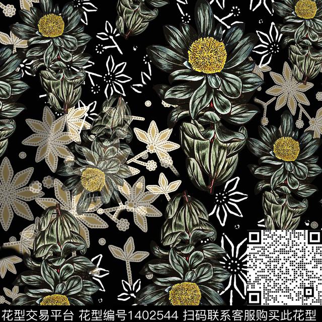 花卉大牌风手绘线条笔触数码印花花型下载（图片编号: 1402544） - 瓦栏（Walan）