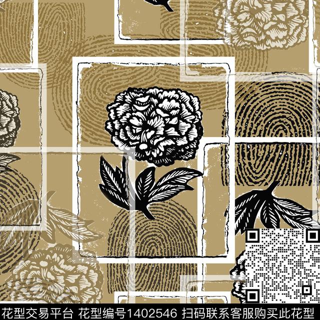 格子花卉大牌风传统印花花型下载（图片编号: 1402546） - 瓦栏（Walan）