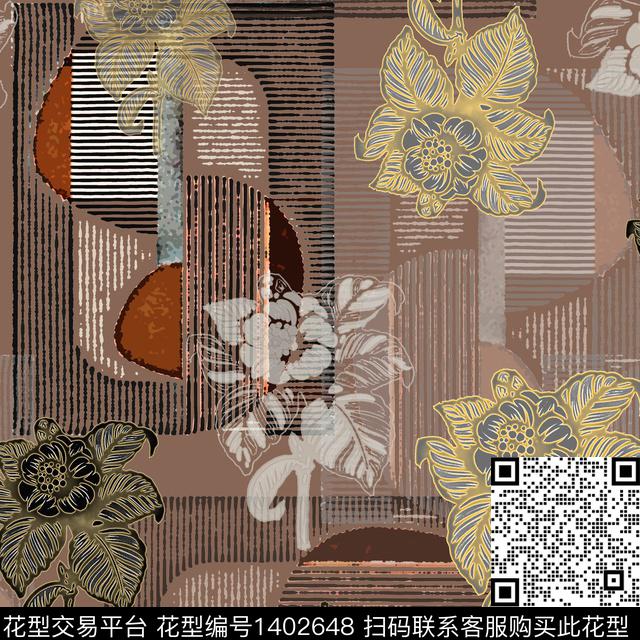 花卉大牌风手绘线条笔触传统印花花型下载（图片编号: 1402648） - 瓦栏（Walan）